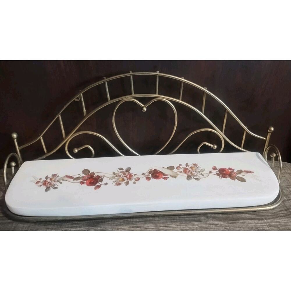 Vintage Heart Shape Brass and Wood Shelf Wall Hanging Decor Floral Cottagecore